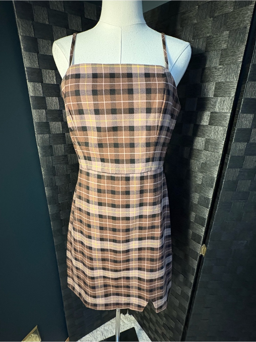 GB Brown Plaid Spaghetti Strap Mini Dress Square Neck M